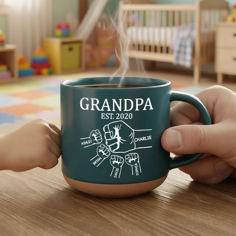 Personalized Pottery Mug with Grandpa Fist Bump Design, Cozy Coffee Moment, Unique Gift for Grandpa