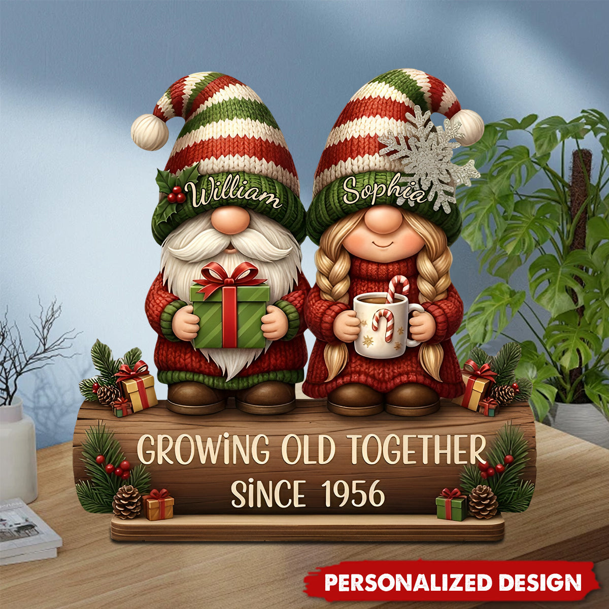 Custom Growing Old Together Wooden Plaque with Cute Christmas Gnome Couple Sentimental Display Piece Thoughtful Gift for Partner