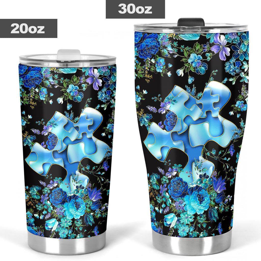 Blue Floral Puzzle Autism Awareness Tumbler 0622