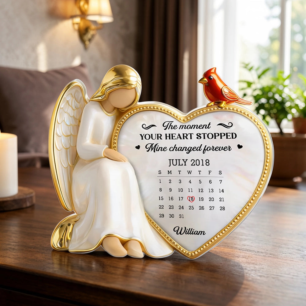 Personalized Shaped Acrylic Block Plaque with Angel & Heart Calendar Design - Memorial Keepsake Gift for Family