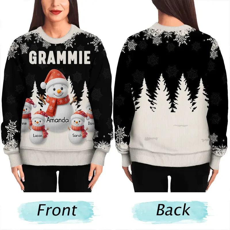 Personalized Grandma Printed Sweatshirt with Cute Snowman Grandkids, Cozy Christmas Gift for Nana