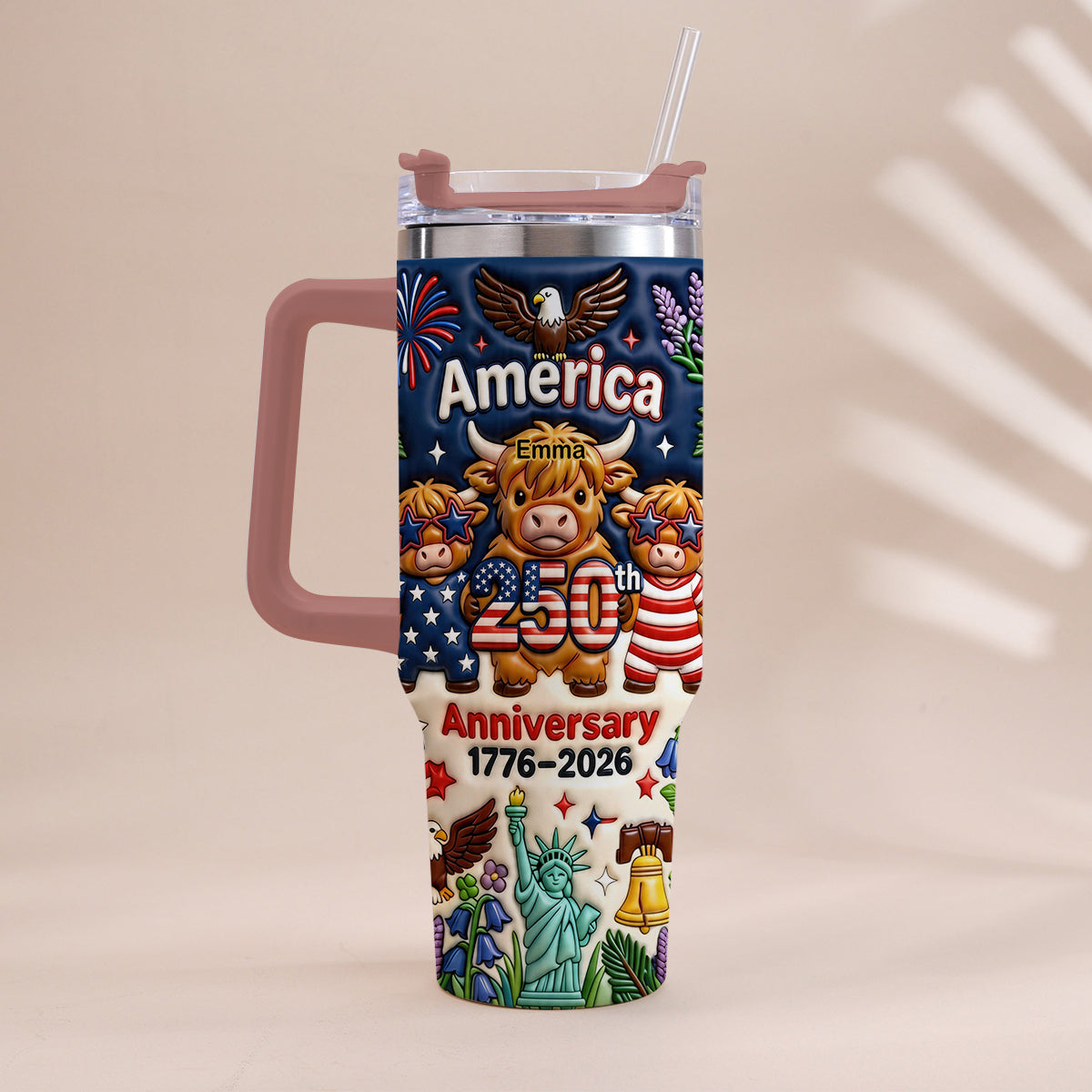 Cute Highland Cow America 250th Anniversary - Personalized Highland Cow Tumbler With Handle