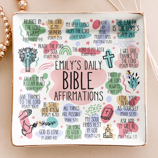 Pastel Christian Jewelry Dish with gold rim and faith quotes, perfect gift-ready tray for women, bedside or vanity use.