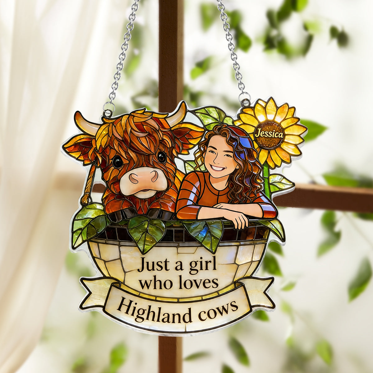 Custom Any Photo - Personalized Highland Cow Window Hanging Suncatcher Ornament