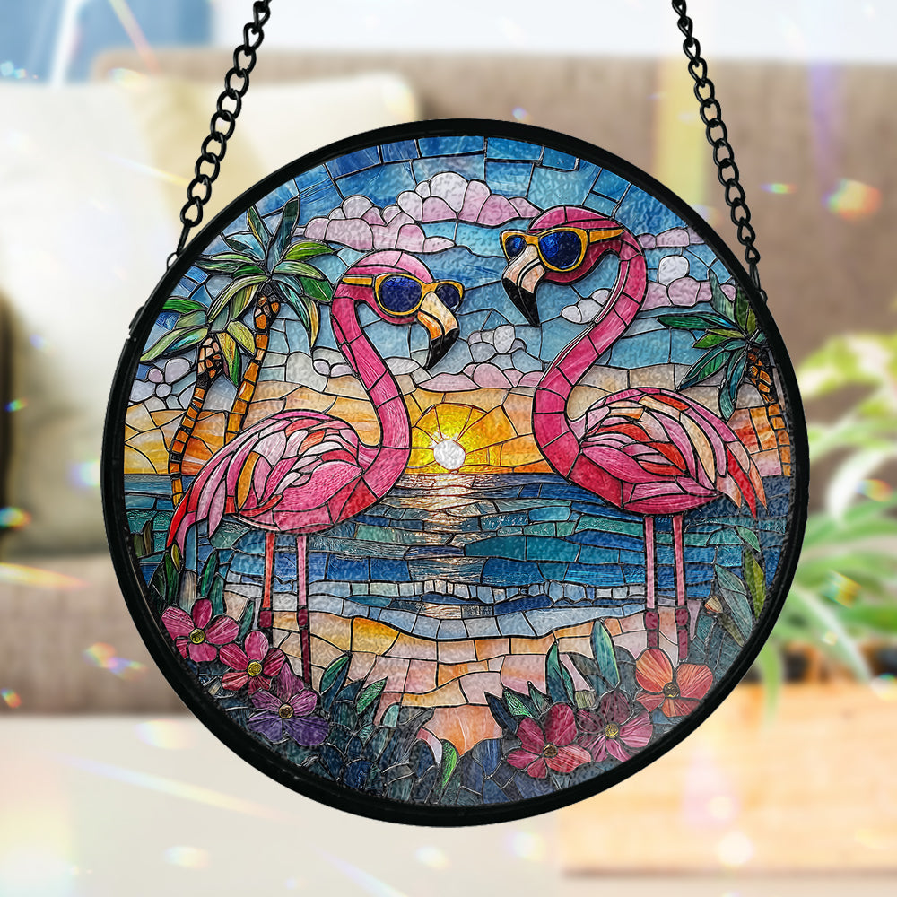 Beautiful Flamigoes - Personalized Flamingo Stained Glass Suncatcher