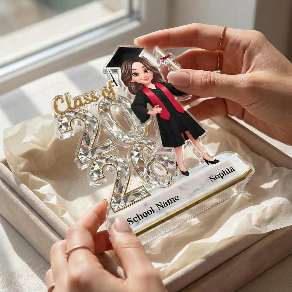 Shaped Acrylic Block Plaque Graduation Decor, Cute Cartoon Grad Holding Diploma, Personalized Keepsake Gift for Her