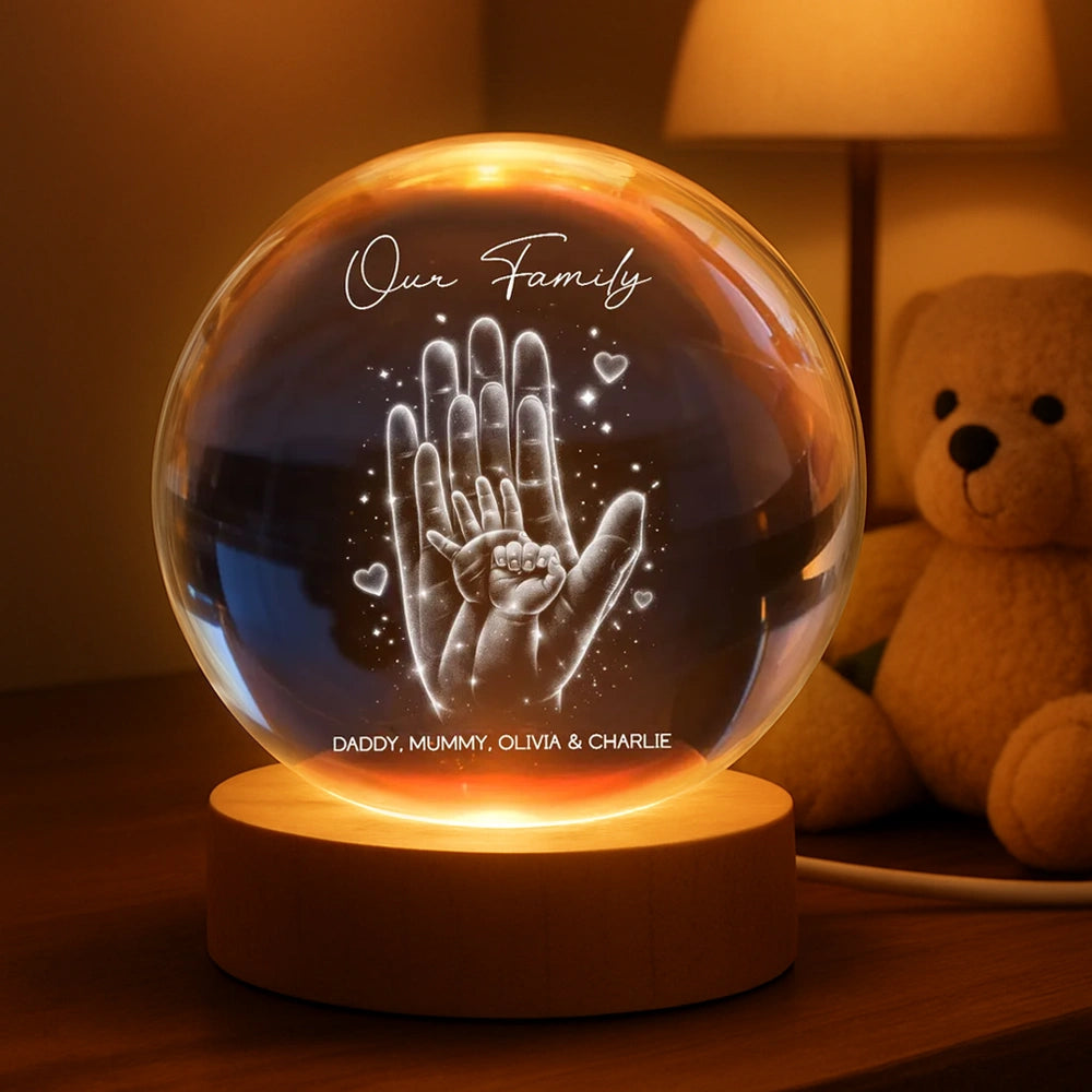 Personalized Crystal Ball LED Night Light with Family Handprint Glow, Cozy Nightstand Decor, Unique Gift for Mom & Dad