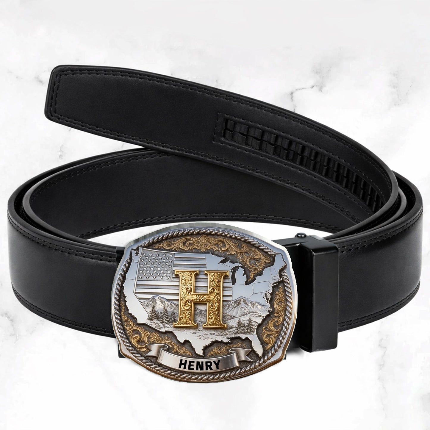 Custom Initial Buckle Belt, United State Map, Gift For Him - Personalized Patriot Leather Belt With Shaped Buckle