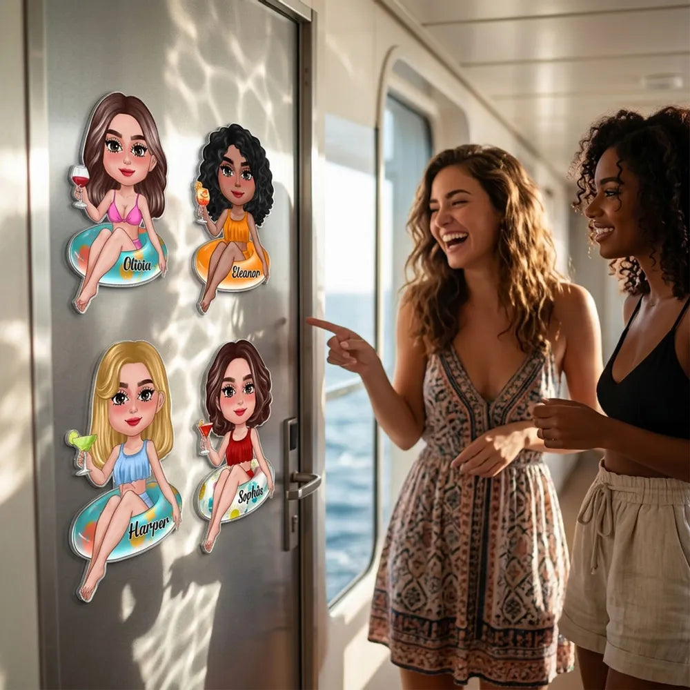 Personalized Cruise Door Acrylic Magnet, Cute Girl on Pool Float with Cocktail, Unique Girls Trip Cabin Gift