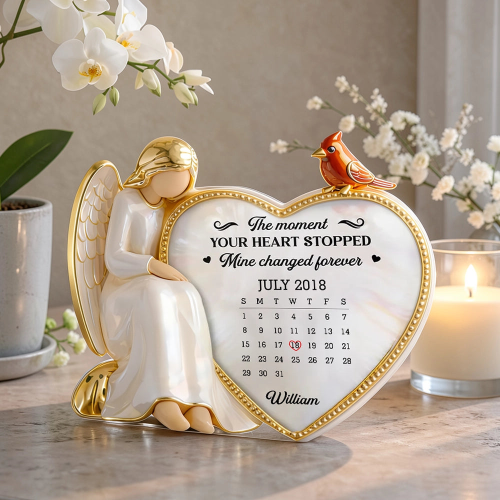 Personalized Shaped Acrylic Block Plaque with Angel & Heart Calendar Design - Memorial Keepsake Gift for Family
