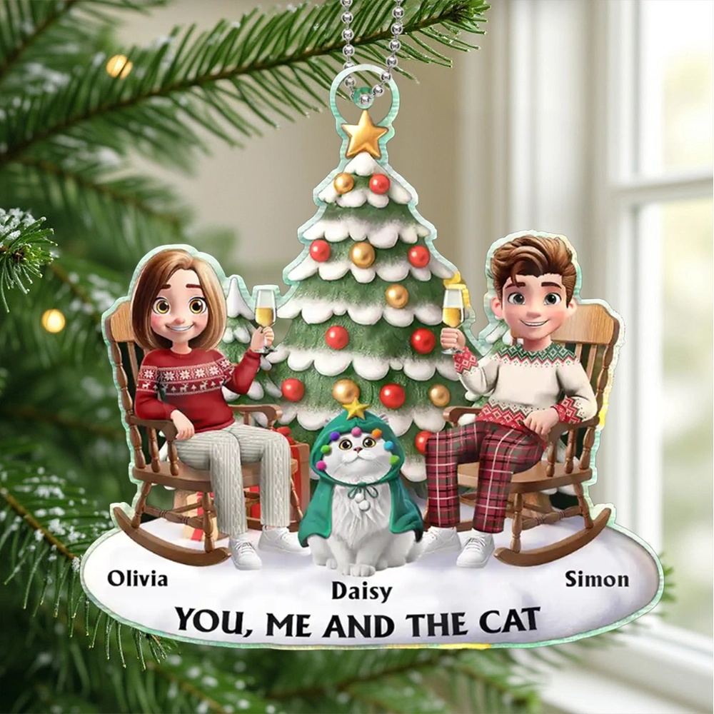Acrylic Ornament featuring a couple and their cat under a festive tree – warm, photo-friendly décor and a perfect gift for cat-loving families