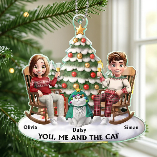 Acrylic Ornament featuring a couple and their cat under a festive tree – warm, photo-friendly décor and a perfect gift for cat-loving families