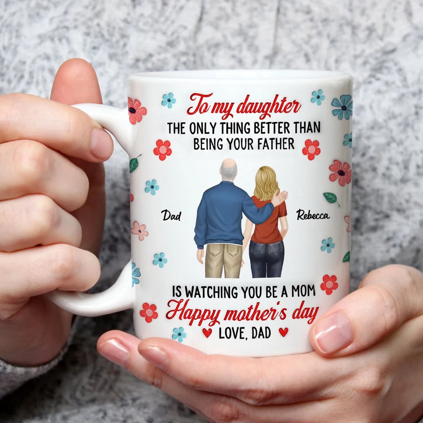 Personalized White Ceramic Mug for Dad to Daughter, Back-Hug Illustration & Happy Mother's Day Message, Unique Gift
