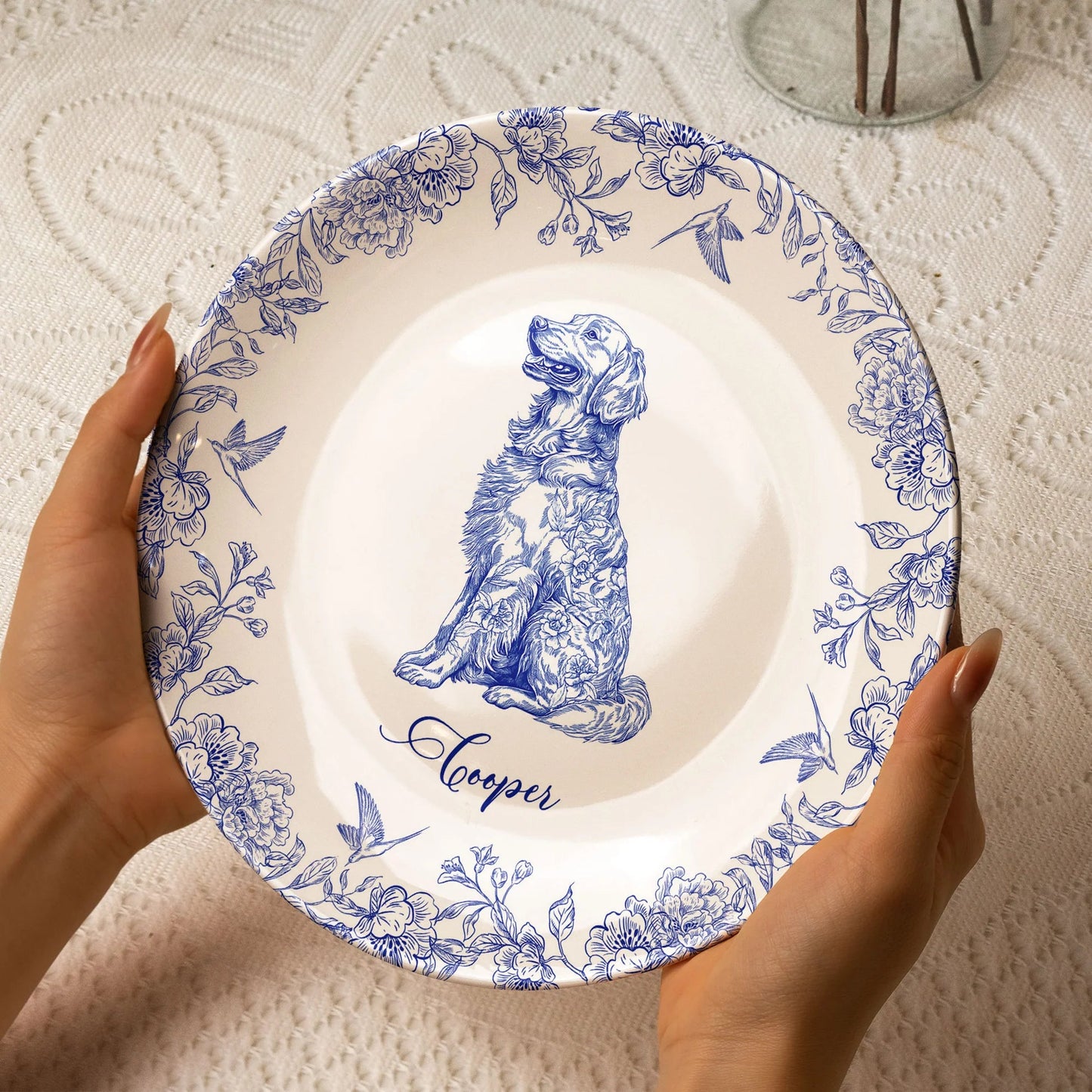 Custom Dog Lover Bone China Plaque in Toile de Jouy Style – Collectible Pet Wall Decor & Thoughtful Holiday or Anniversary Gift