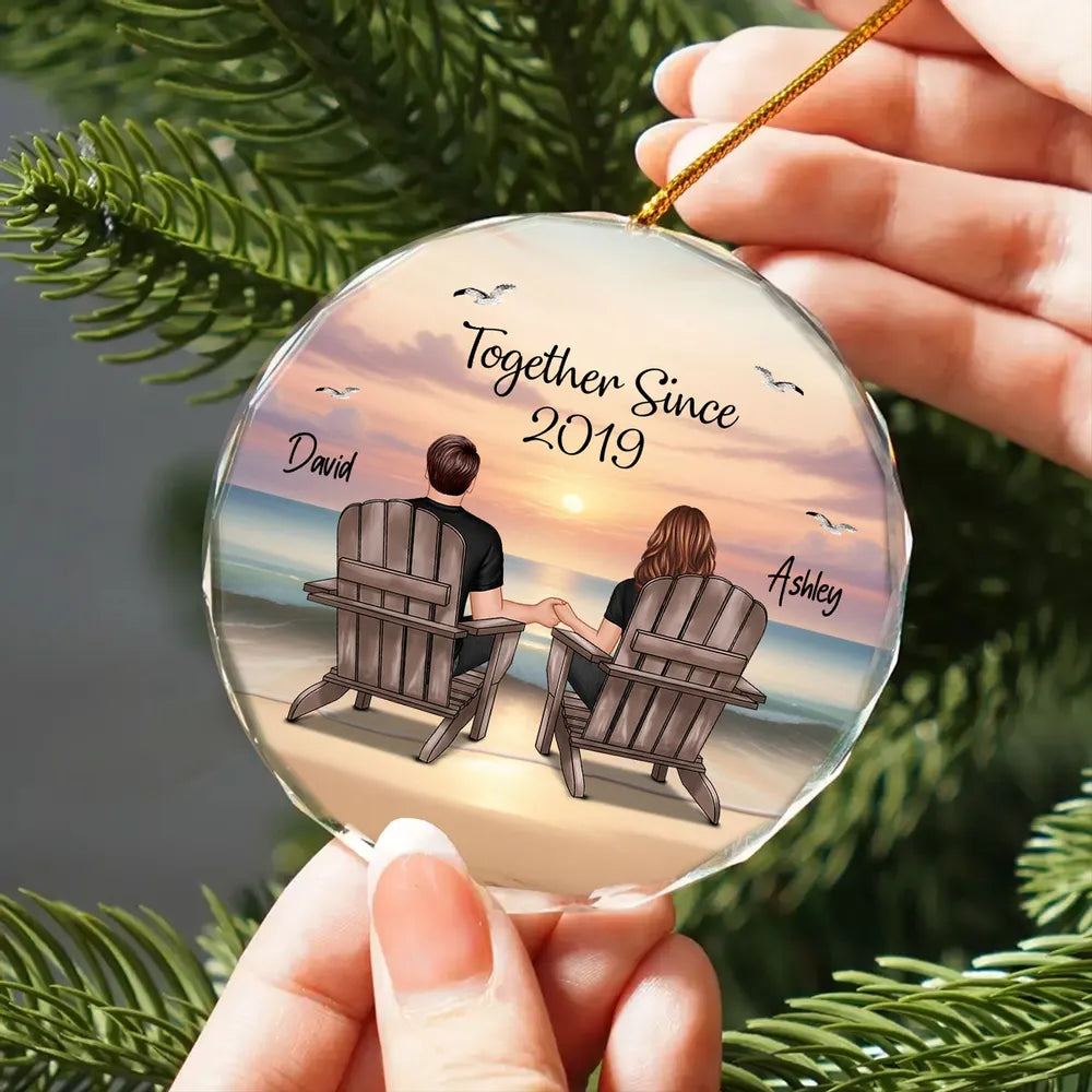 Crystal Ornament Personalized for Couples, Sitting Together at a Sunset Beach Scene, Romantic Keepsake Gift for Her