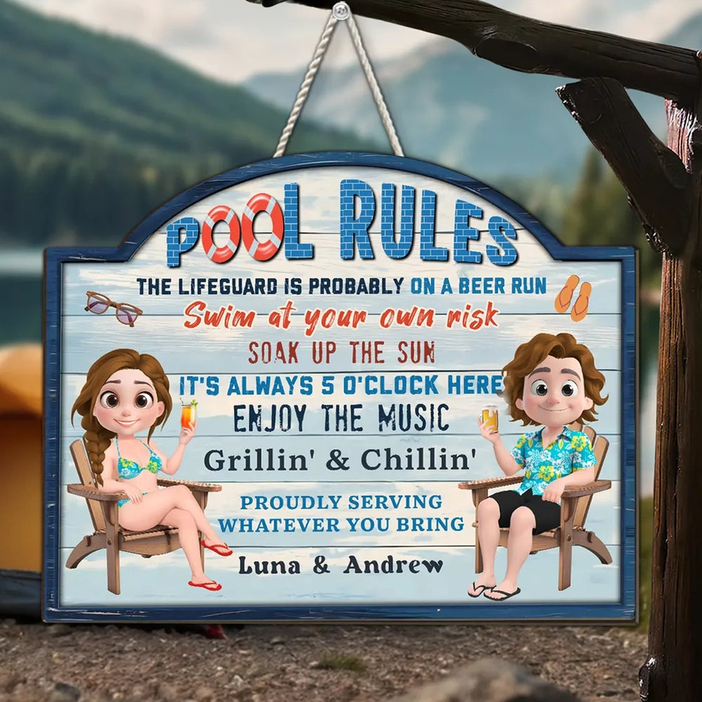 Poolside Grillin' & Chillin' Personalized Wooden Sign, Beachy Funny Backyard Decor, Unique Gift For Couples