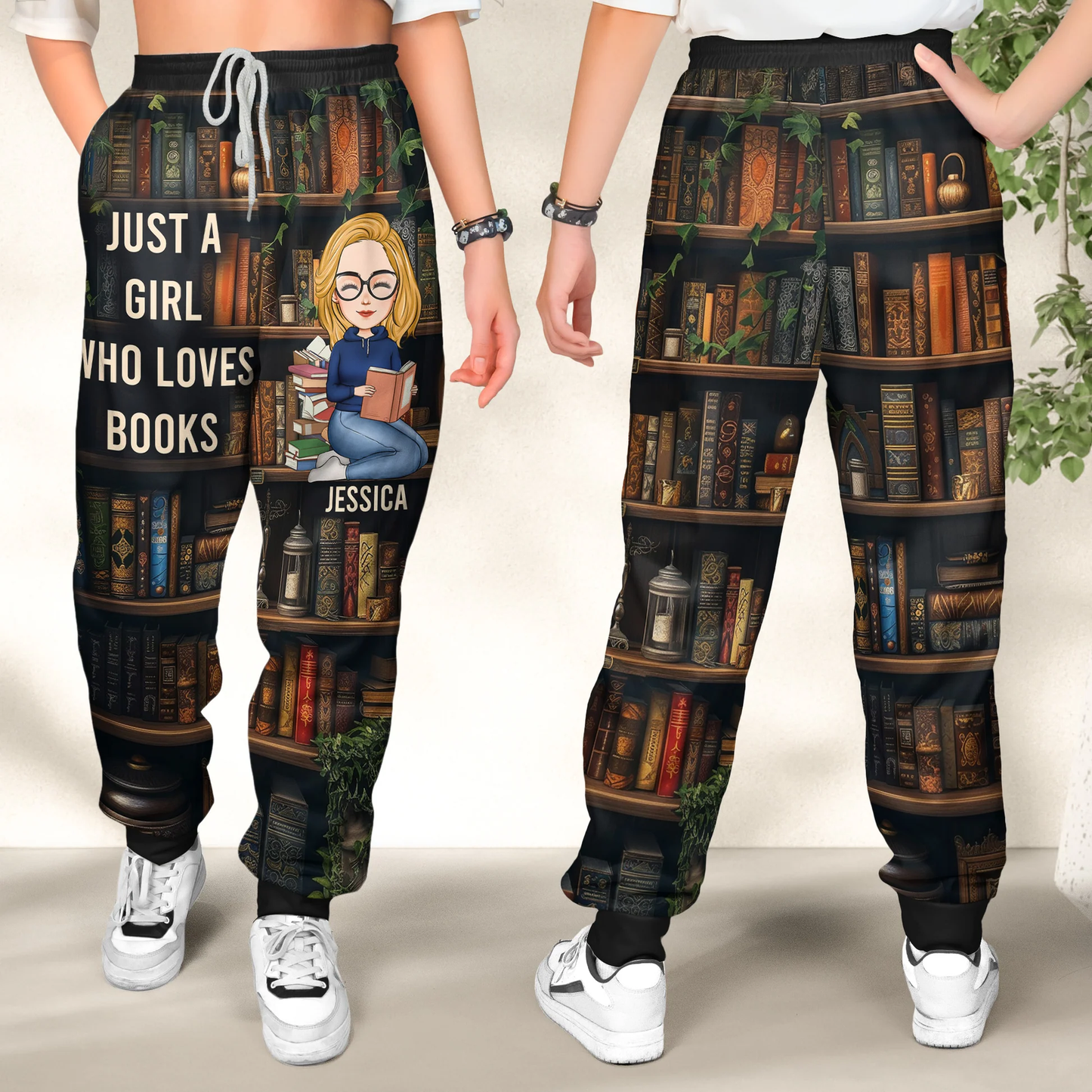 Book Lover Women's Sweatpants with cozy bookshelf art, optional personalization, perfect gift for readers at home or the library