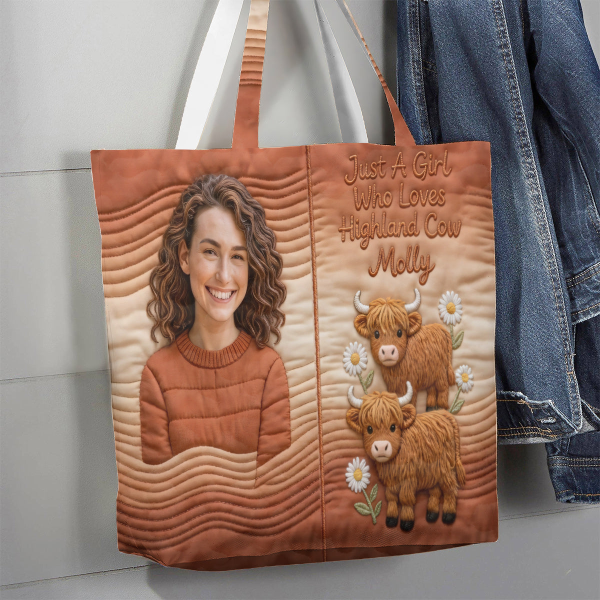 Custom Any Photo Highland Cow Lovers - Personalized Highland Cow Quilted Tote Bag