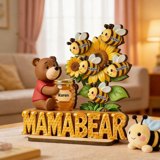 Mama Bear with Honey Jar & Sunflower Bees 2-Layer Wooden Plaque, Personalized Family Keepsake for Mom, Warm Living Room Gift