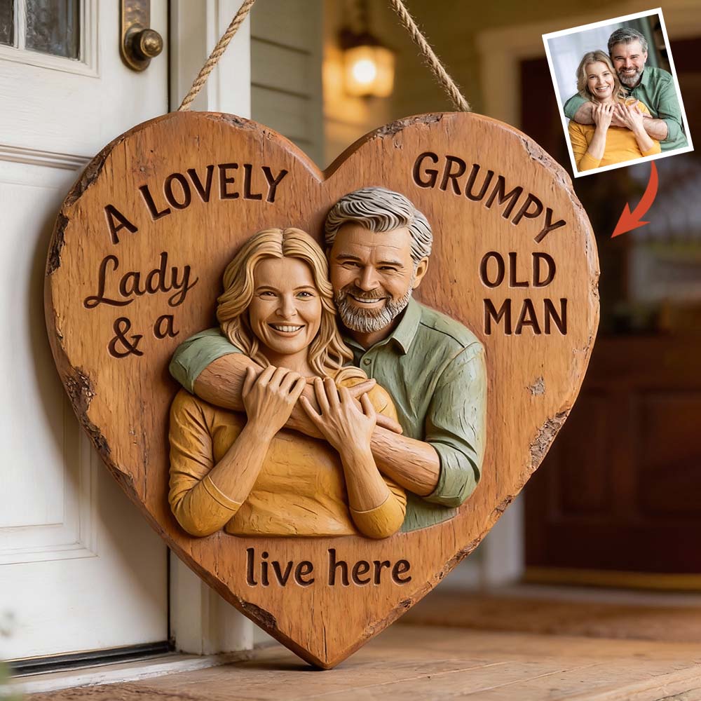 Family Couple A Lovely Lady And A Grumpy Old Man Live Here - Personalized Couple Custom Shaped Wood Sign