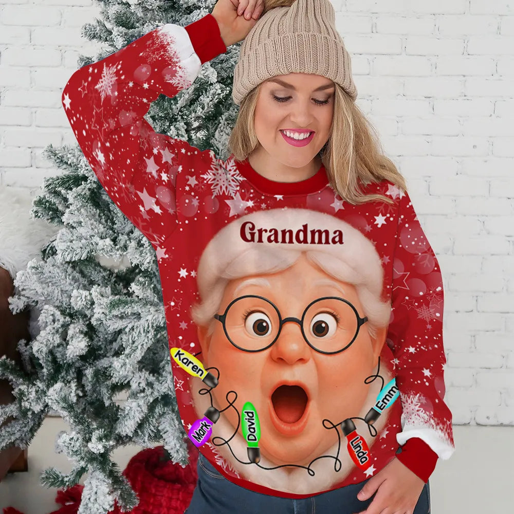 Custom Grandma Printed Sweatshirt with Cartoon Face & Holiday Lights, Festive Family Christmas Gift Idea