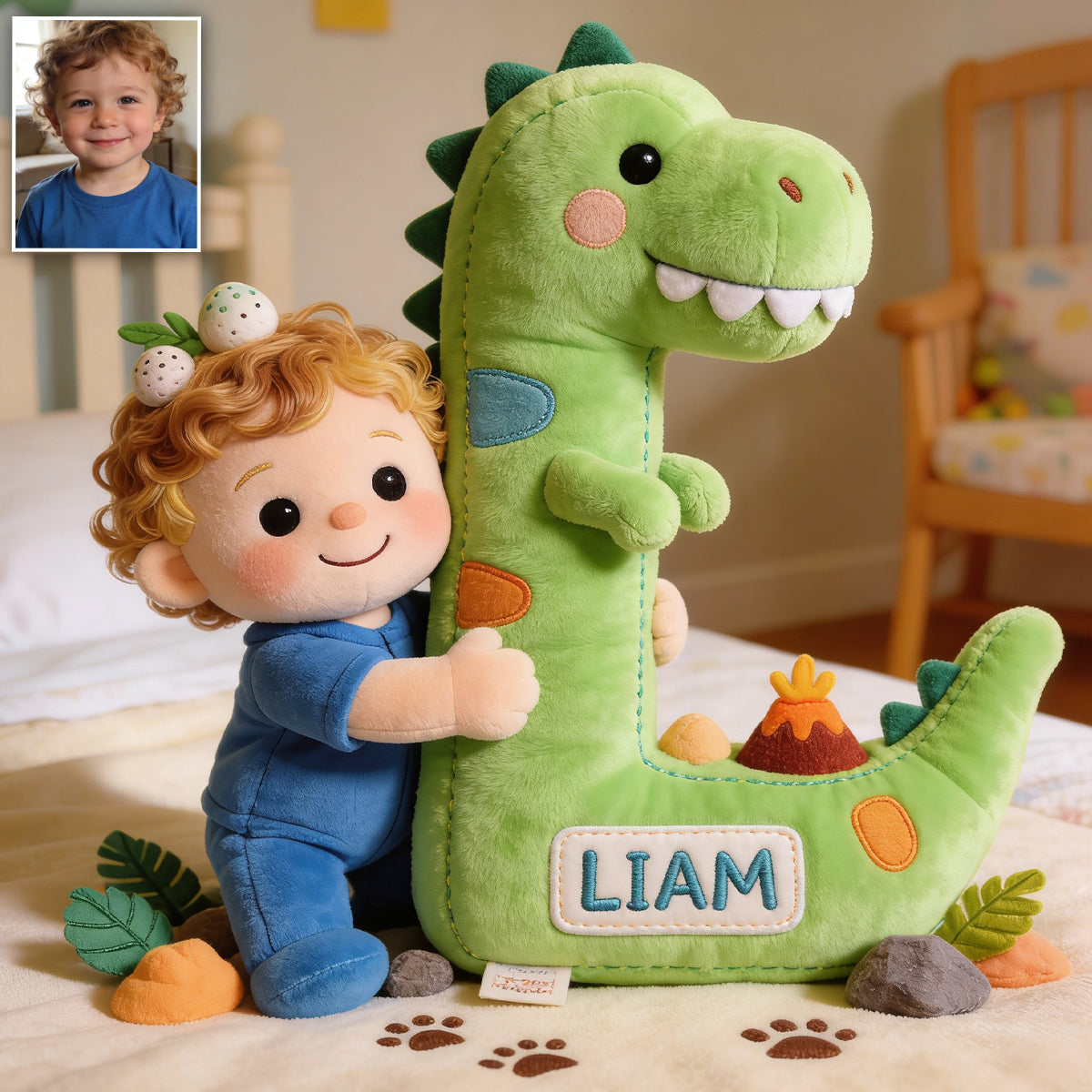 Dinosaur Alphabet Letter & Custom Photo - Personalized Kid Premium Faux Fur Pillow