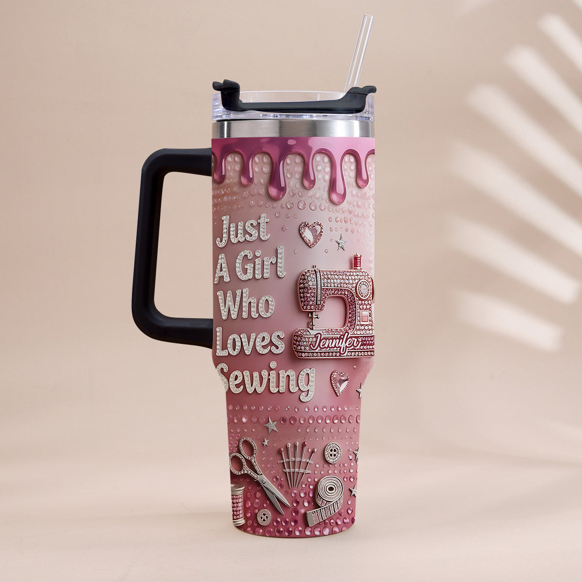 Just A Girl Who Loves Sewing - Personalized Sewing Tumbler With Handle