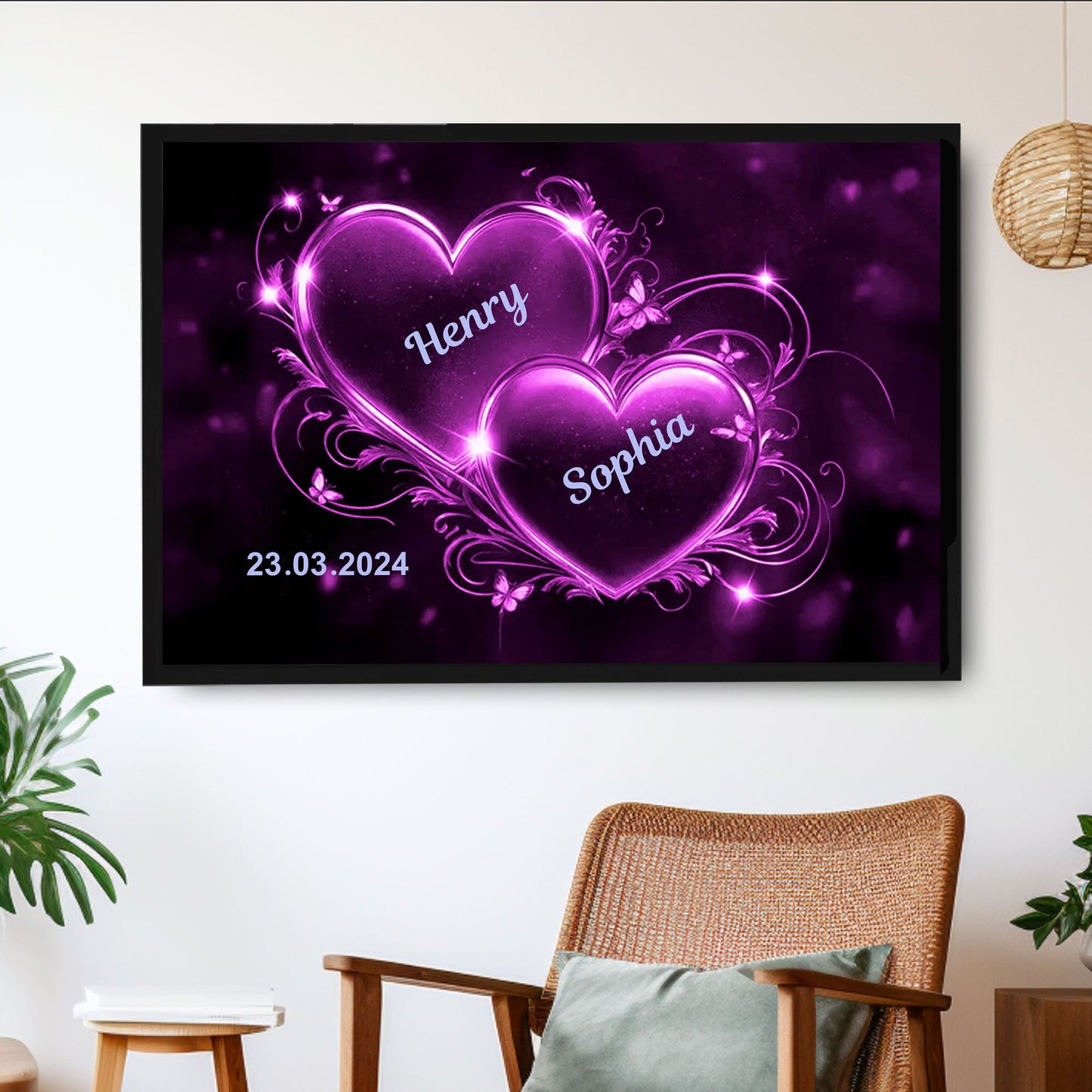 Romantic Double Heart Neon Poster or Canvas - Personalized Valentine’s Day Gift for Couples, Bedroom Decor
