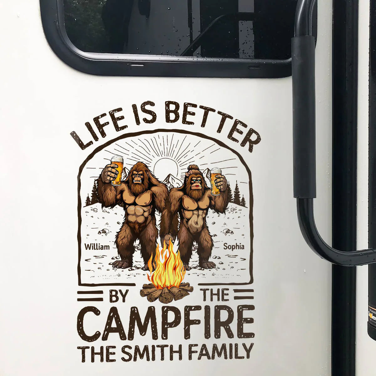 Personalized Sticker Decal Life Is Better by the Campfire Bigfoot Couple for RVs and Campers - Unique Gift