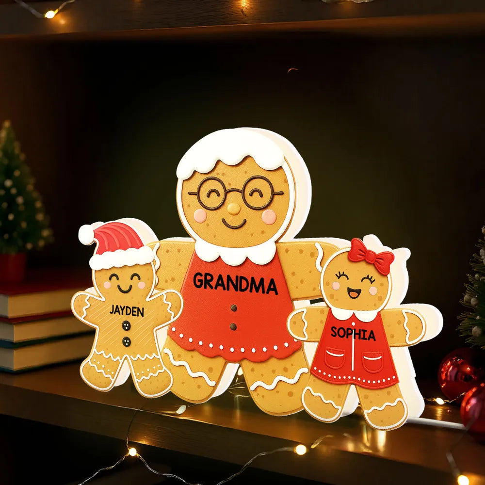 Acrylic Light Box - Gingerbread Grandma & Grandkids, Custom, Christmas Decor, Warm Glow Keepsake, Unique Gift for Grandma