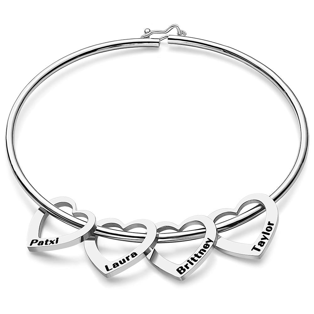 Any Name - Personalized Family Bangle Bracelet with Heart/Round Pendants