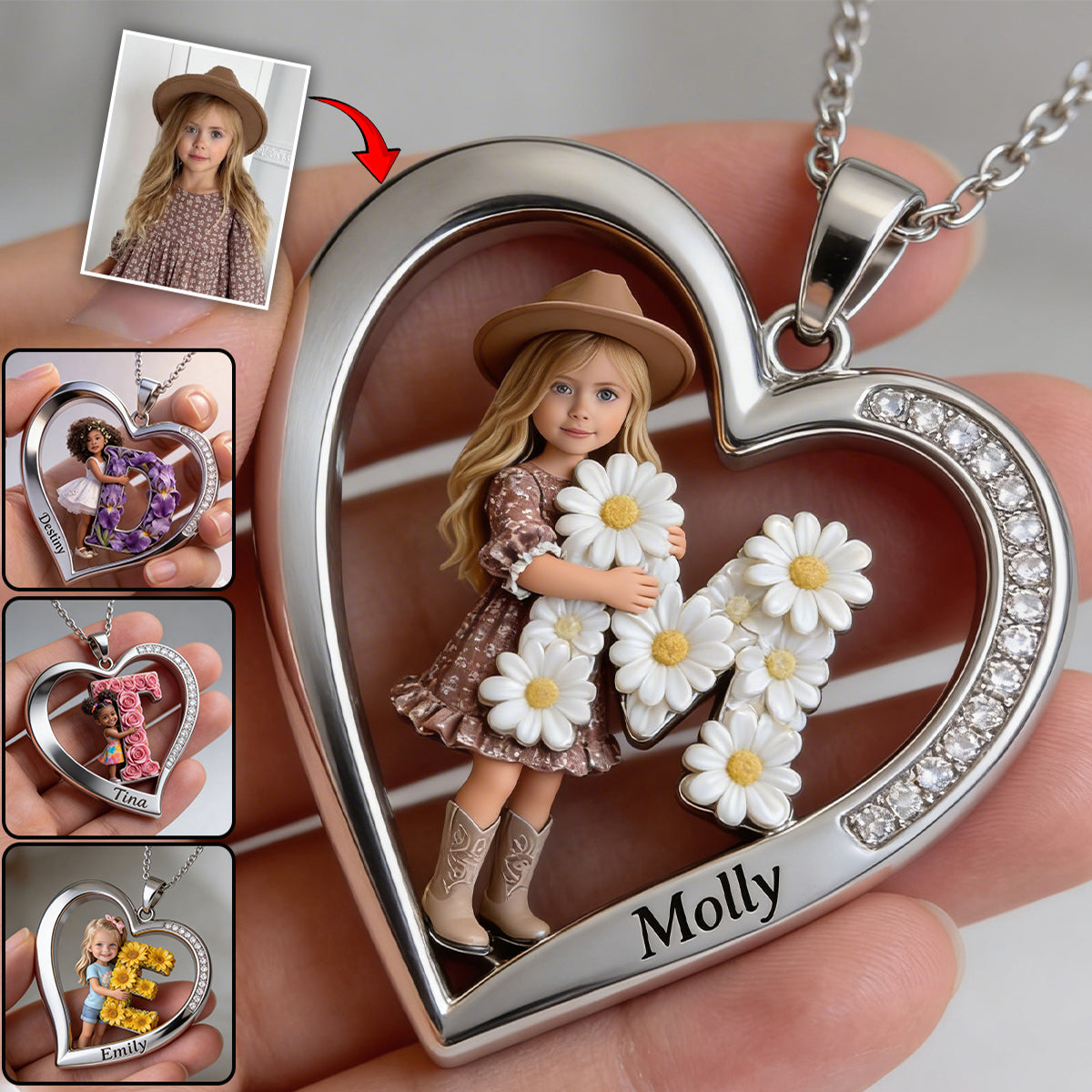 Custom Any Photo Floral Initial Name Letter - Personalized Kid Shaped Metal Pendant Necklace