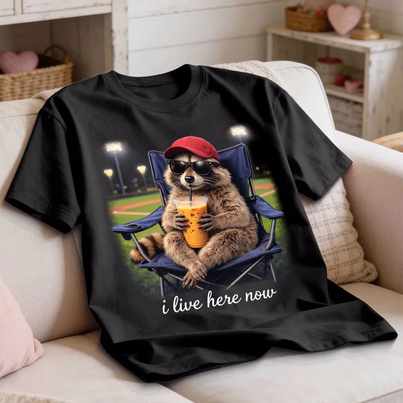 Personalized Classic Tee Chill Raccoon in Sunglasses at the Ballpark 'i live here now' Cute Everyday Gift