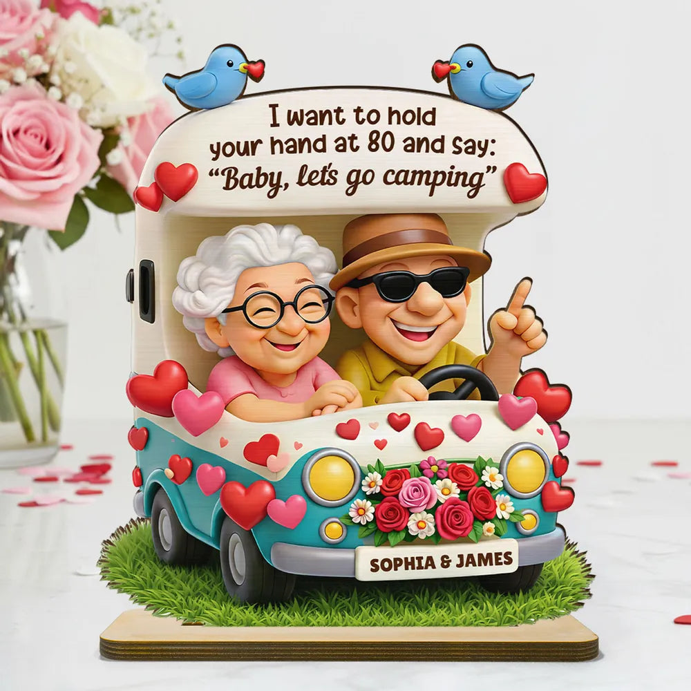 Personalized 2-Layer Wooden Plaque Cute Cartoon Couple in Camper Van 'Baby, let's go camping' Unique Gift for Him or Her
