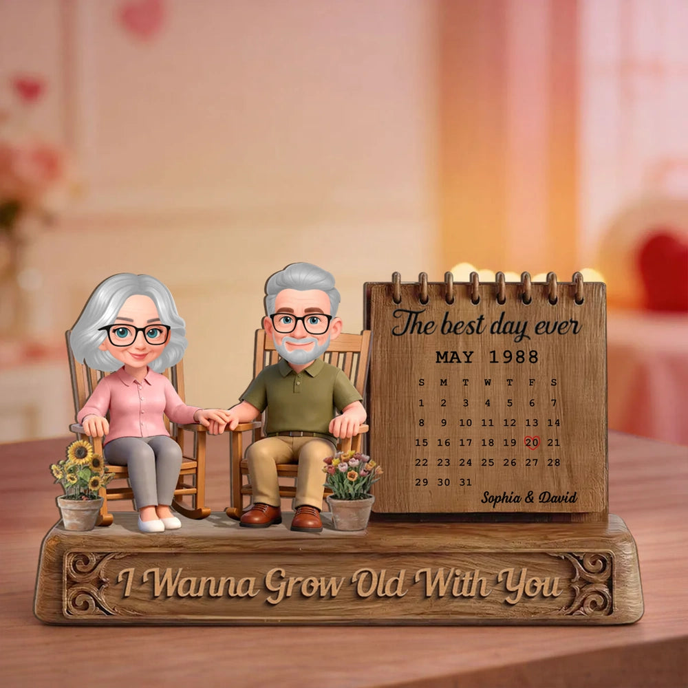 Personalized 2-Layer Wooden Plaque with Elderly Couple in Rocking Chairs and Calendar, Romantic Keepsake, Unique Gift for Wife or Husband