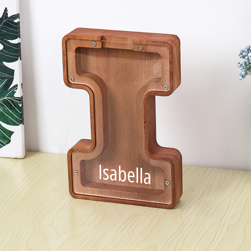 Custom Initial And Name - Personalized Letter And Name Brown Wooden Piggy Bank