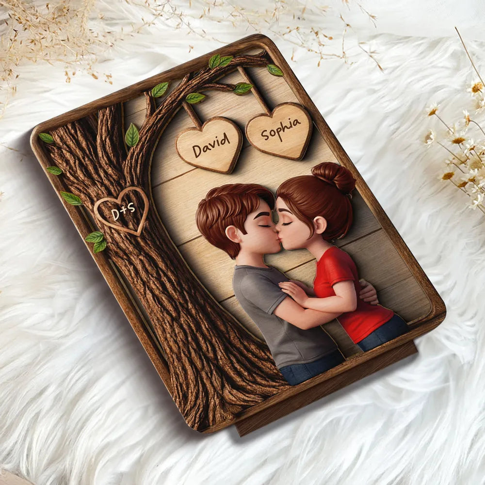 Personalized 2-Layer Wooden Plaque with Kissing Couple Under Tree for Desk or Shelf, Romantic Unique Gift for Her or Him