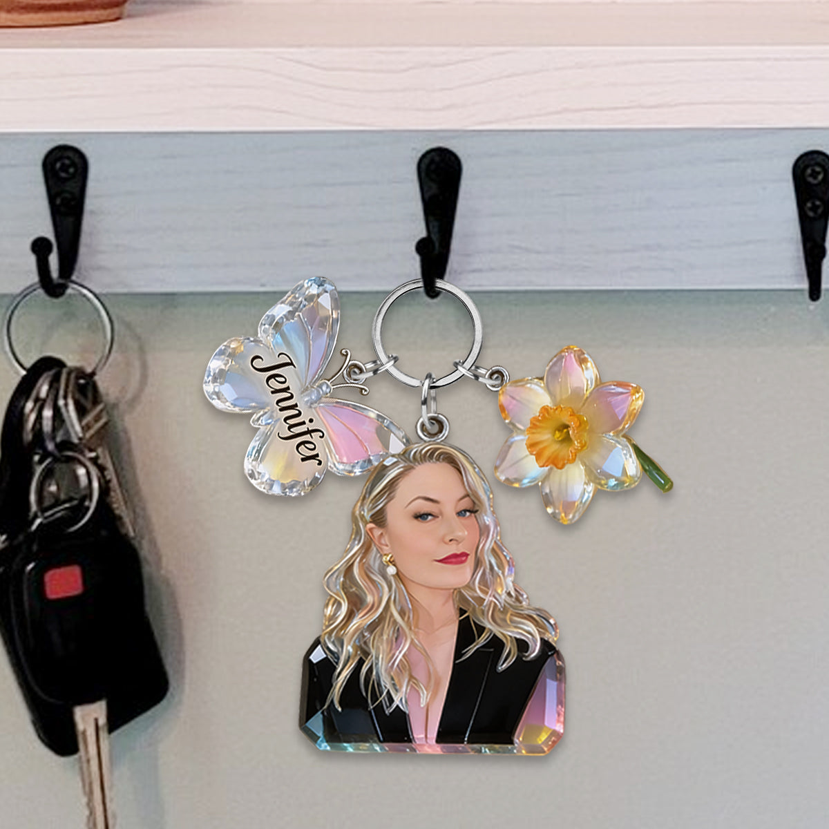 Custom Any Photo Birthmonth Flower - Personalized Self Love Keychain With Charms