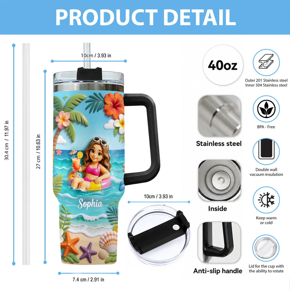 Any Photo Summer Vibes - Personalized Sea Lover Tumbler With Plush Charm