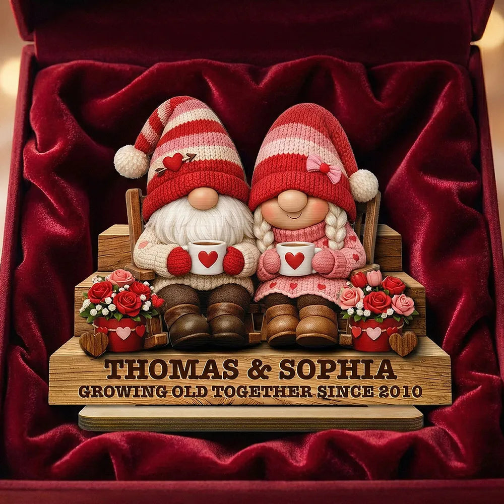 Personalized 2-Layer Wooden Plaque Gnome Couple on Bench with Heart Mugs, Cozy Home Decor, Unique Gift for Couple