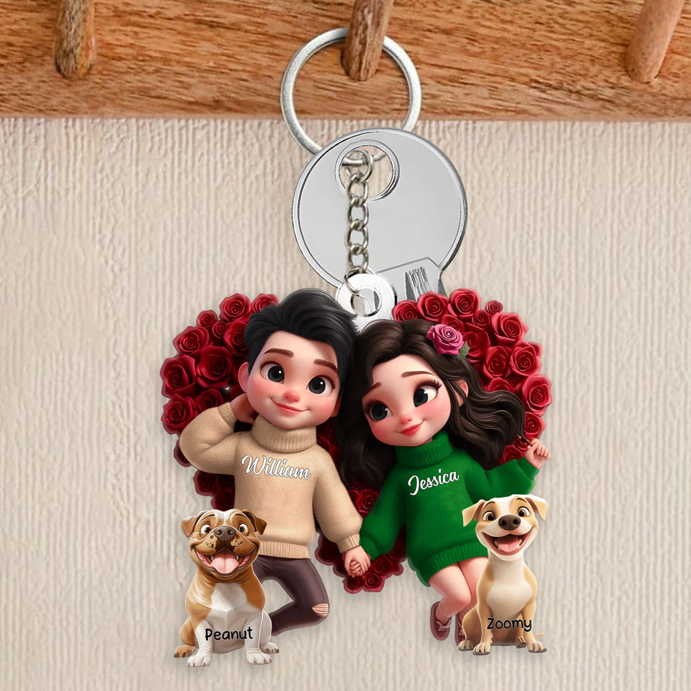 Personalized Acrylic Keychain – Cute Cartoon Couple with Their Dog, Holding Hands Surrounded by Roses, Custom Love Keepsake for Couples, Families or Dog Loves