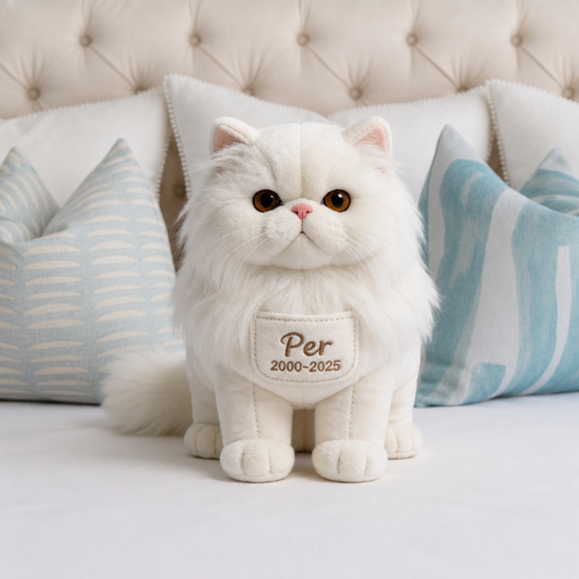 Custom Pet Memorial Persian Cat Faux Fur Shaped Pillow - Personalized White Fluffy Kitten Loss Remembrance Stuffed Animal, Sympathy Keepsake Gift