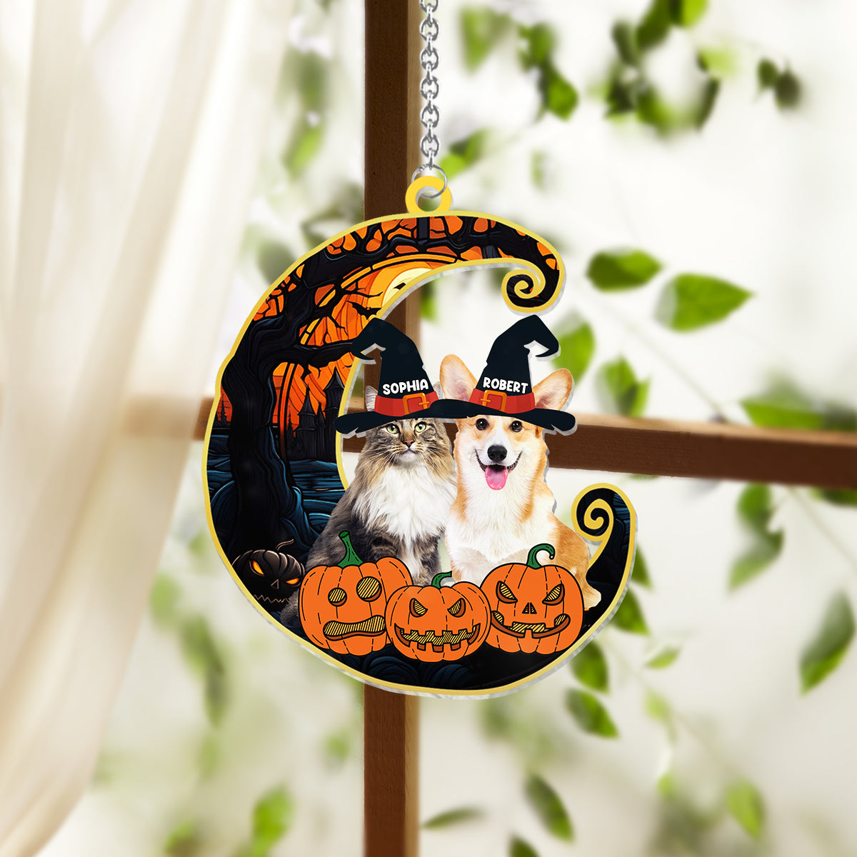 Cute Halloween Pets - Personalized Dog Window Hanging Suncatcher Ornament