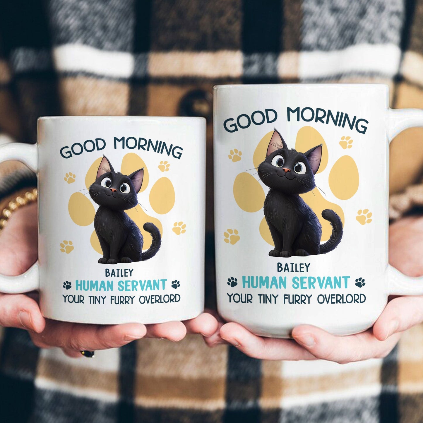 Say Hello to Your Tiny Furry Overlord – Customizable Good Morning Mug for Cat Lovers, Featuring Your Cat’s Name, Great Gift for Cat Owners, Available in White Ceramic Mug or Two-Tone Mug