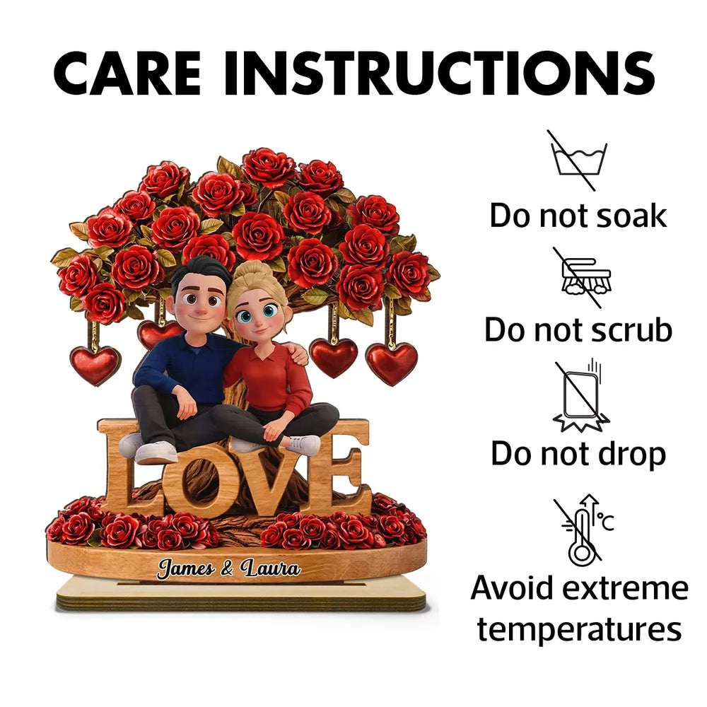 Personalized 2-Layer Wooden Plaque Couple on LOVE Bench with Rose Tree and Hearts, Unique Valentine's Day Gift