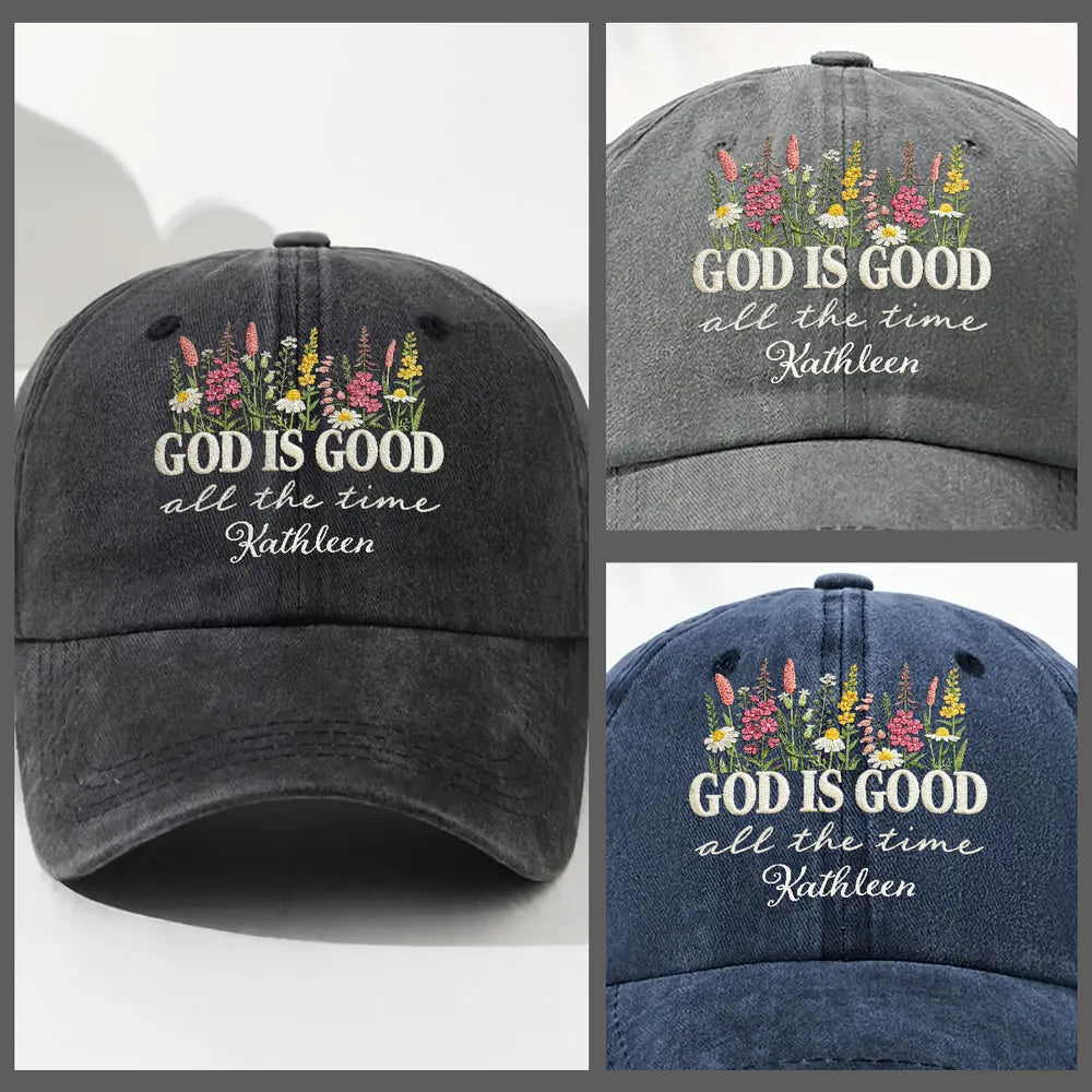 Washed Denim Baseball Cap with God Is Good All the Time Message - Personalized Vintage Look Cap, Meaningful Gift for Her
