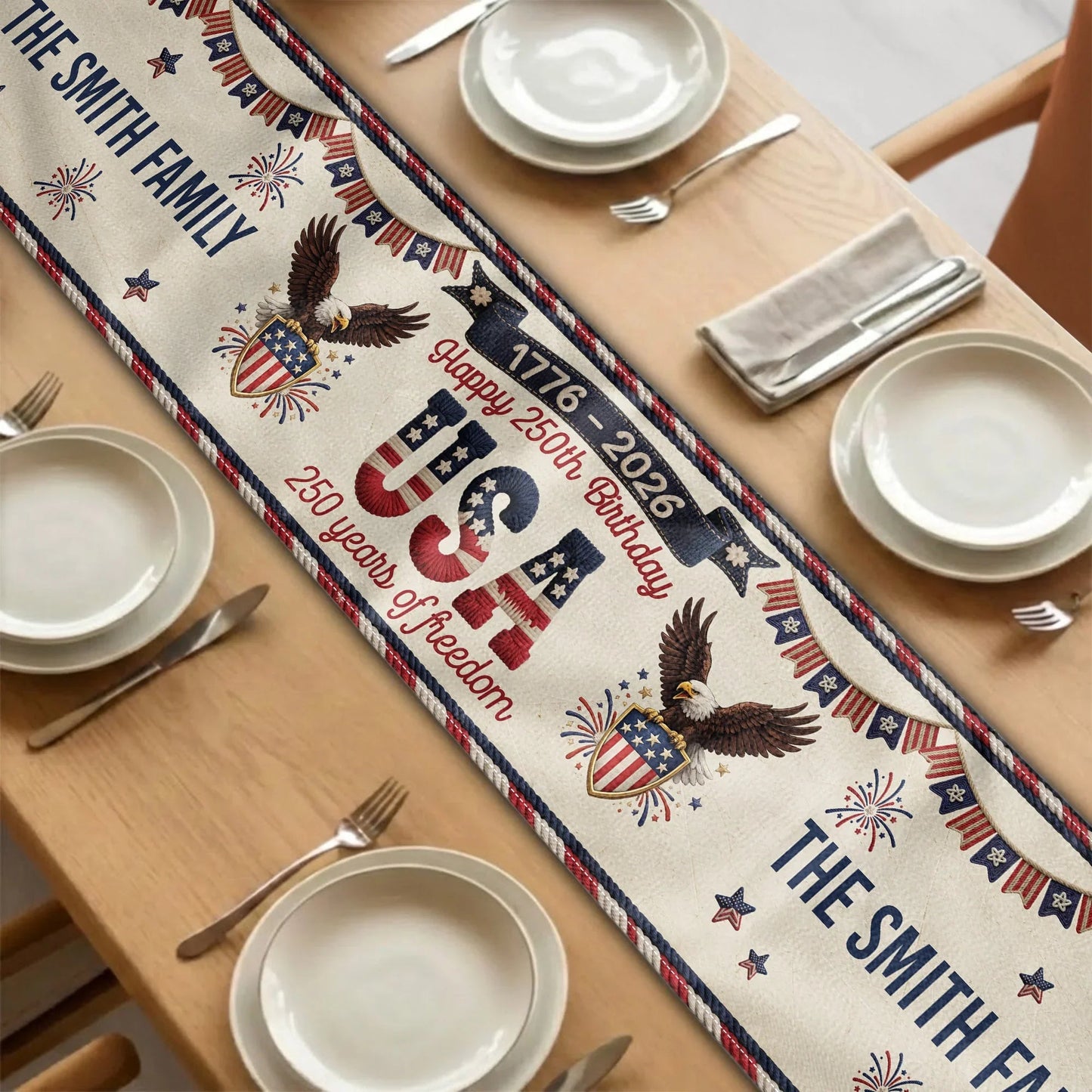 Personalized USA 250th Anniversary Table Runner with Patriotic Eagles & Fireworks - Unique Creative Gift for Family Hosts