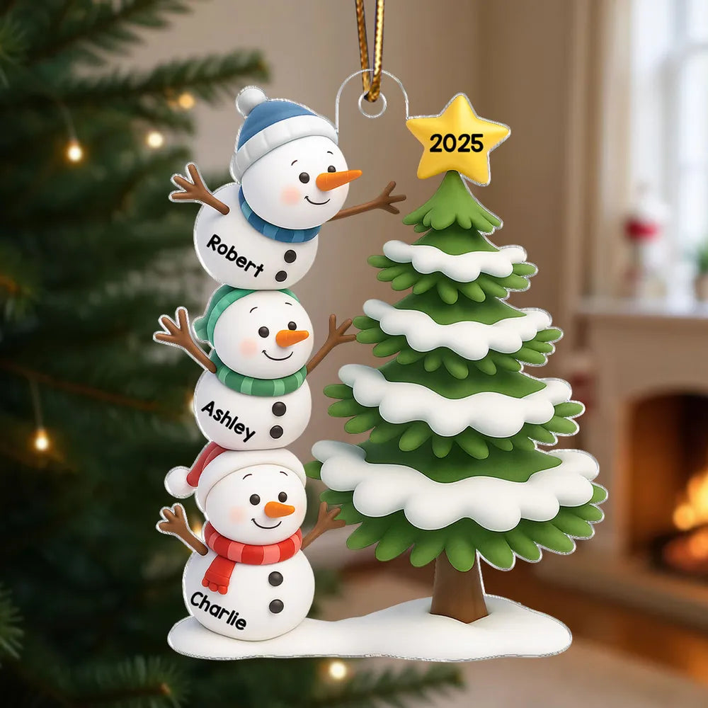 Snowman Family Acrylic Ornament, Customizable, Christmas Tree Scene, Layered Look, Unique Gift for Family & Kids