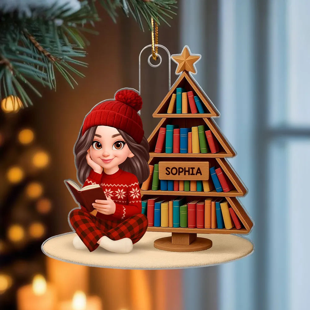 Book Lover Girl Acrylic Ornament – Cozy Holiday Gift for Readers, Festive Tree Decoration