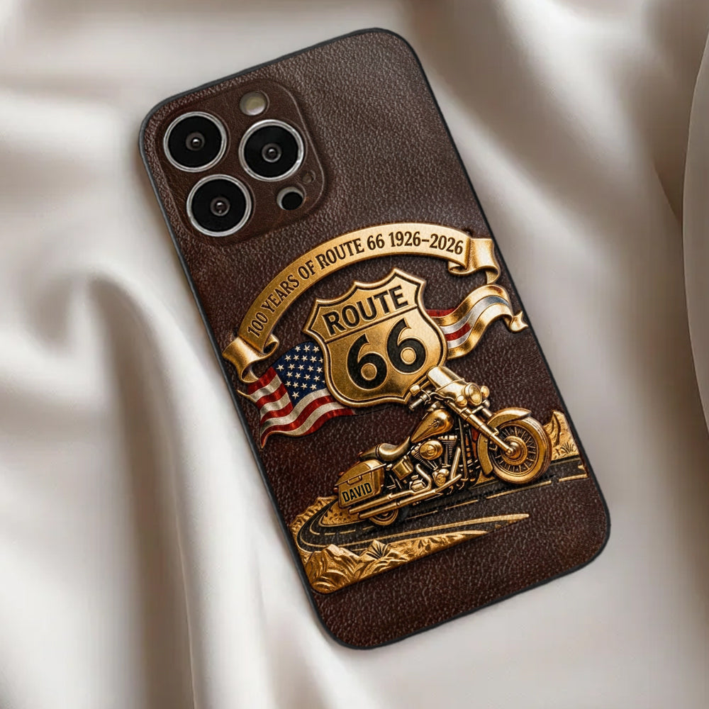 100 Years Of Route Personalized Gifts For Bikers - Personalized Biker 3D Embossed Leather Phone Case